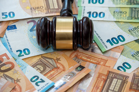 wooden judge gavel on euro bills. law or legal conceptの写真素材