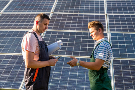 near the new ecological solar panels, the employee transfers money to the employee in uniform for...