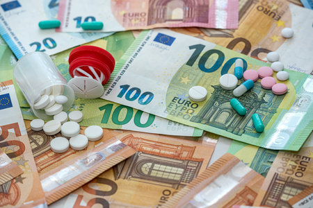 different pills on euro bills as background. High cost medicinesの写真素材