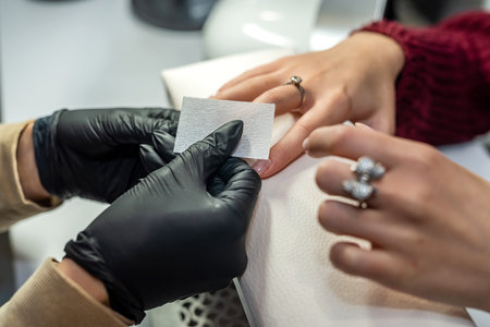gorgeous manicure master in special black gloves works on the girl's nails. beauty salon concept. manicure conceptの写真素材