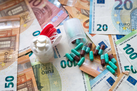 different capsules on pile of euro banknotes background, concept of expensive treatmentの写真素材