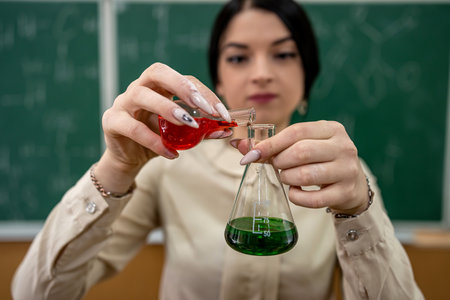 Woman scientist biologist look at test tubes. Scientific experiment at school or institute....