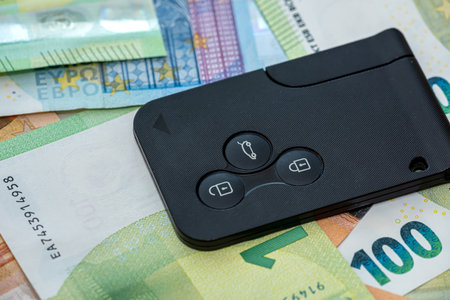 black auto key on pile of euro bills, mortgage or payment. savingの写真素材