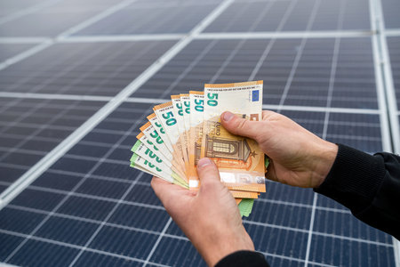 beautiful young hands in black hold a sum of euros in front of solar panels. green electricity...