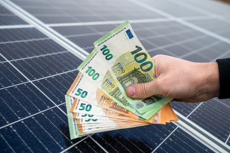 beautiful young hands in black hold a sum of euros in front of solar panels. green electricity conceptの写真素材