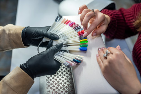 beautiful young girl sitting on a manicure in a prestigious salon to a good master of manicure. Manicure concept during the epidemicの写真素材