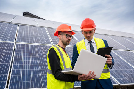 new young professionals in professional helmets and special clothing are discussing a plan to...