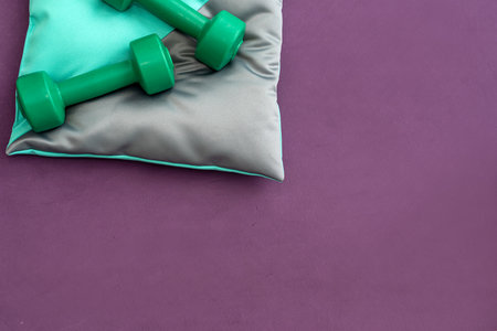 Fitness accessories mats dumbbells different weight skipping rope water shoes for a healthy lifestyle. concept of sports, fitness and weight lossの写真素材