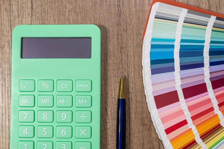 work on the selection of paint color in accordance with the palette for design. The concept of color selection for apartment designの写真素材