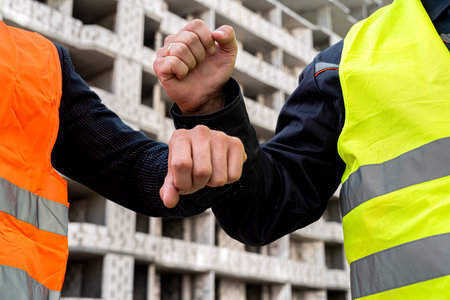 strong male hands of workers in uniform touch on the background of new construction. construction conceptの写真素材