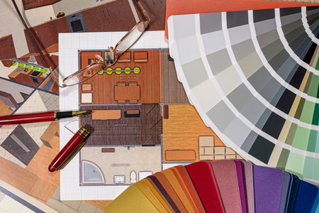 Architecture design and painted update color palette of drawings in the office. apartment design conceptの写真素材