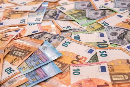 us dollar and euro bills as the two leading world currencies. business and financeの写真素材