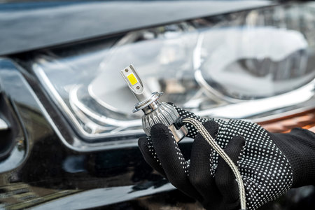 mechanic installing modern led H7 light bulb with wires in headlamp, detailの写真素材