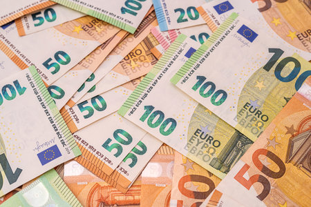 colorful euro notes, top view. money backgroundの写真素材