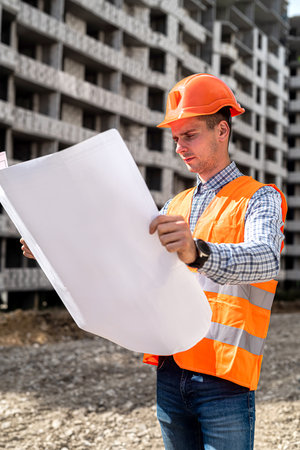 handsome young worker in uniform and helmet holds in his hands a detailed plan on the construction...