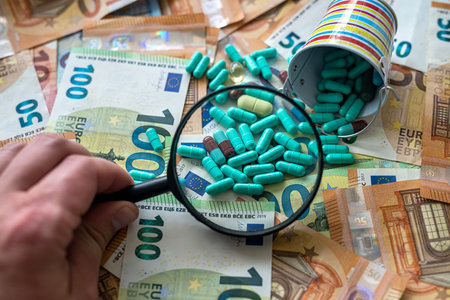 Green pills lie on a pile of euro bills background, expensive cost of healthcareの写真素材