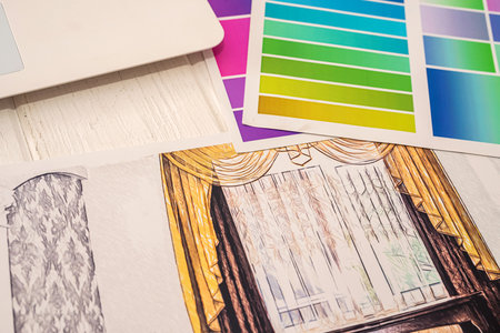 beautiful color palettes and new designs of sketches of apartments are laid out in an axis on the table. Design and sketch conceptの写真素材