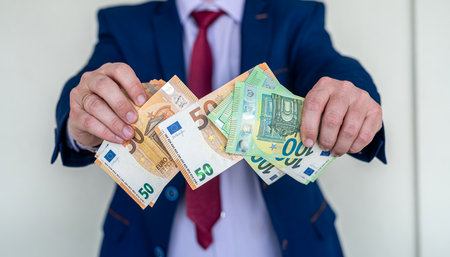 Business man in a suit counts euro banknotes, wage or salary conceptの写真素材