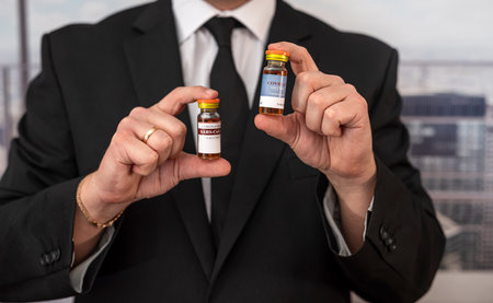 Stylish man with strong hands in a suit carries the vaccine in a jar and dollars for it. The concept of a man who came to be vaccinatedの写真素材