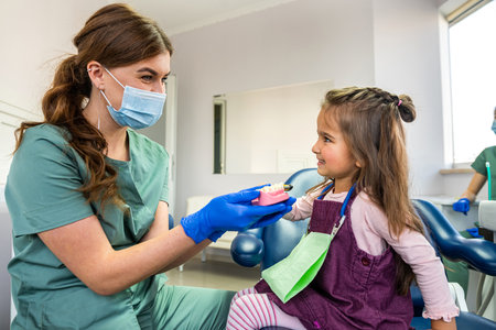 Little daughter at the dentist office and female dentist demonstration process of healthy teeth brushingの写真素材