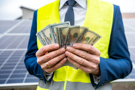 beautiful young gorgeous worker hands holding round sum of money for installing solar panels. green electricity and dollars conceptの写真素材