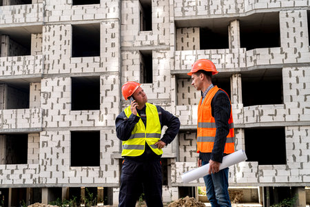 workers are strong in overalls and helmets with a plan in hand standing near the new building....