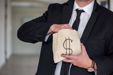 A middle-aged man in a business shirt holds a bag of dollars with an angry face. The concept of money you don't want to giveの写真素材