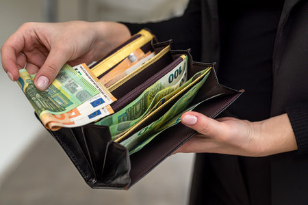 hands of a young stylish luxury woman with beautiful eyes holding a wallet in which the euro to pay....