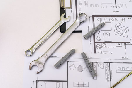 house blueprints with work tools drawing instruments on the worktable. projects of apartmentsの写真素材