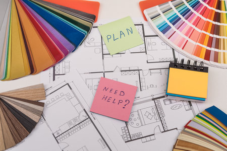 House plans with color palettes for repair at workplace. home project
