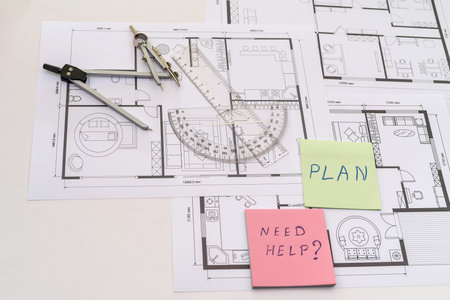 investment for a house sketch with instrument. blue print planの写真素材
