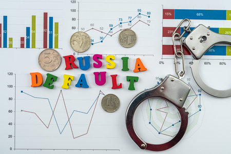 World financial sanctions for Russia is default. finance document with ruble in wise. The end of Russian economicの写真素材