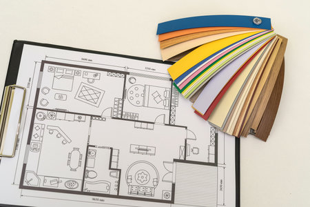 house blueprint with wood vinyl sampler on desk. industryの写真素材