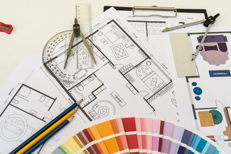 House plans with color palettes for repair at workplace. home projectの写真素材
