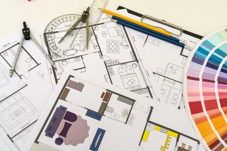 House plans with color palettes for repair at workplace. home projectの写真素材