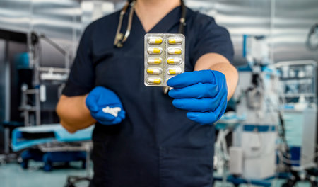 Close-up of doctor in dark blue uniform holding a pills with stethoscopeの写真素材