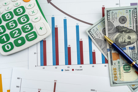 Paper chart diagram report with dollar bills. business documents. market priceの写真素材