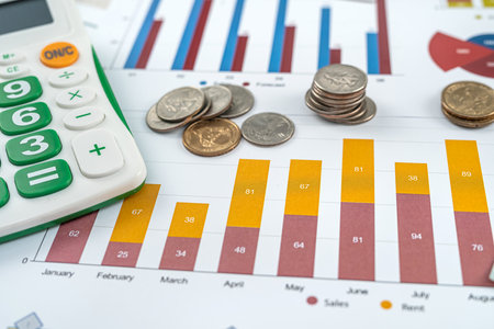 Financial accounting annual or sales report with calculator and pen, paperwork concept