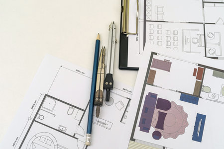 investment for a house sketch with instrument. blue print planの写真素材