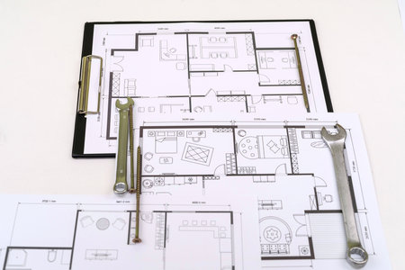 investment for a house sketch with instrument. blue print planの写真素材