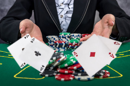 Woman in suit playing poker with cards and chips. Gambling concept.の写真素材