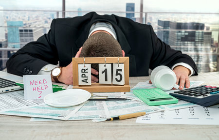 businessman in black suit cannot fill out a tax form and needs helpの写真素材