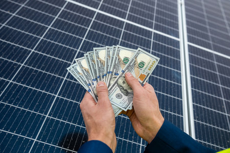 beautiful young gorgeous worker hands holding round sum of money for installing solar panels. green electricity and dollars conceptの写真素材