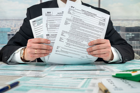 man wear black suit filling 1040 tax form and using calculator in officeの写真素材