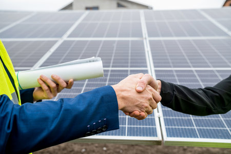 two workers in overalls and helmets shake hands after completing a panel plan. green electricity conceptの写真素材