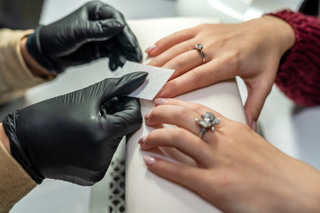 manicurist makes the client preparatory procedures for applying varnish in a beauty salon. manicure conceptの写真素材