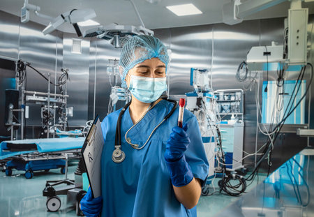 young nurse doctor in protective uniform glove hat and mask looks at blood samples in operating room, hospitalの写真素材