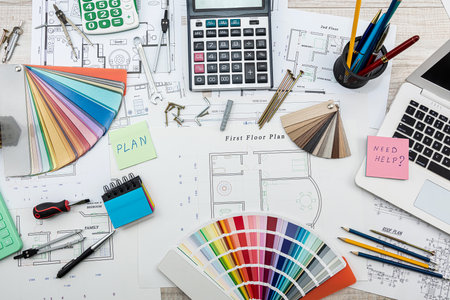 Drawings and plans for house decoration with tools color sampler for repair on deskの写真素材