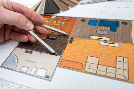 The architect-designer chooses and selects the color in the drawing of the design. design studio...