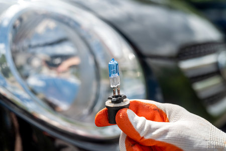 A man in a glove is holding a halogen high beam lamp near a car headlight close-up. car repair concept. A professional changes new car halogen bulbs.の写真素材